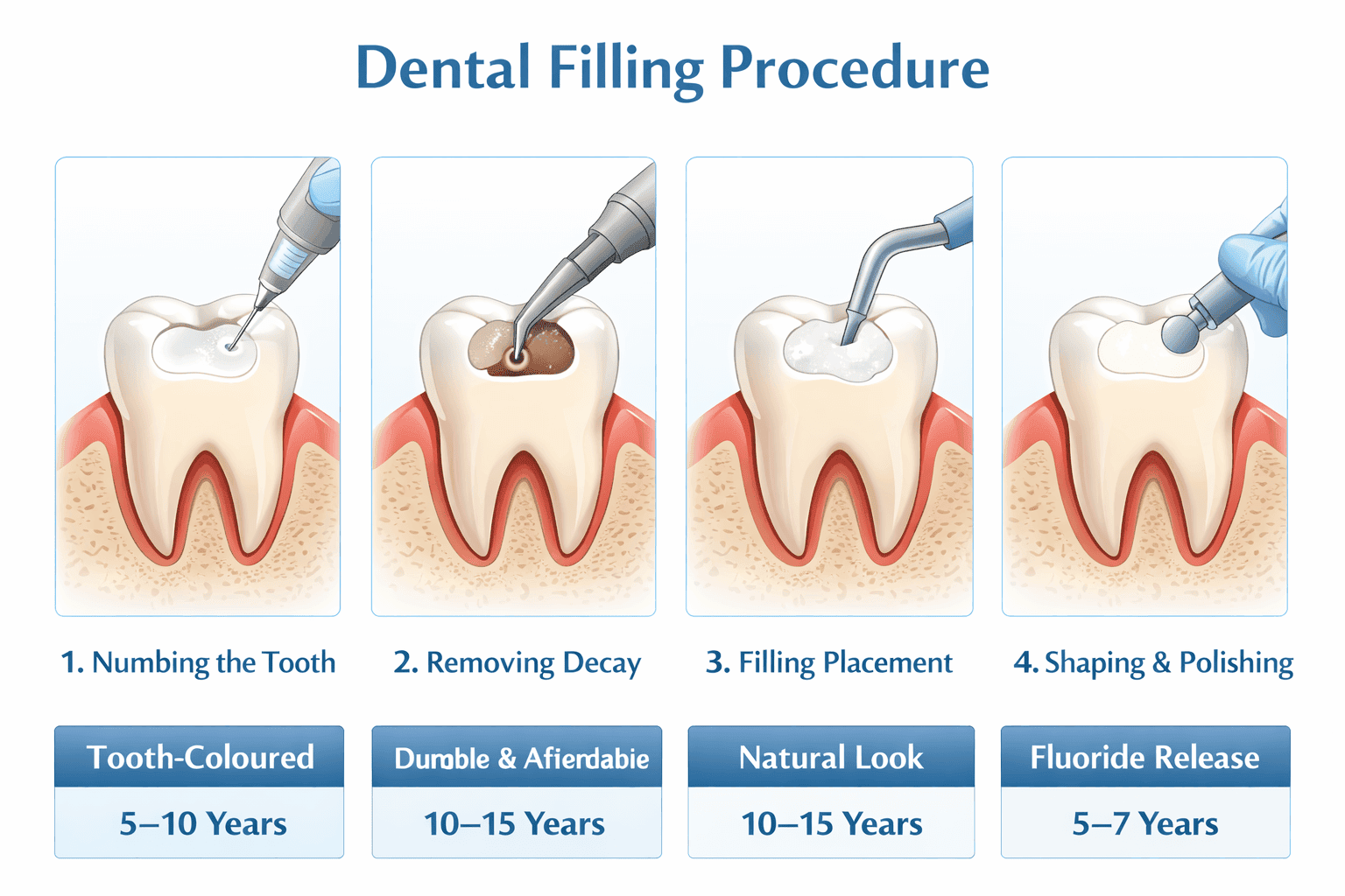 Dental filling procedure numbing, decay removal, filling placement, and polishing in Leederville