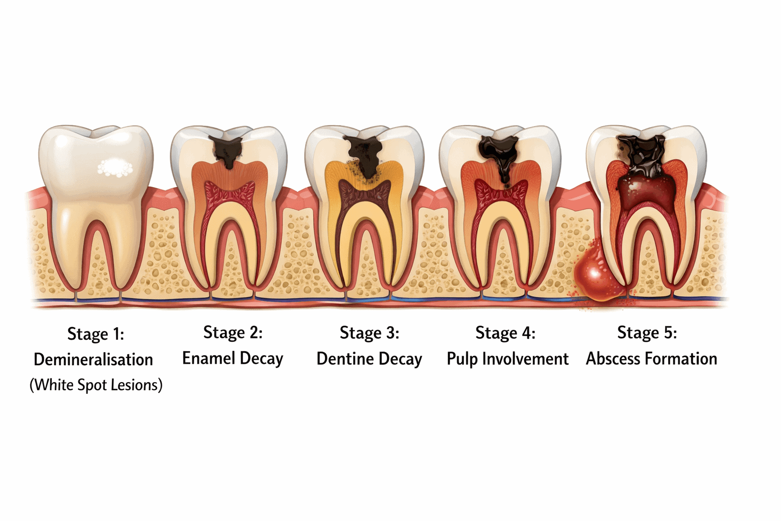 Visual diagram showing the 5 stages of tooth decay from demineralisation to abscess in Leederville