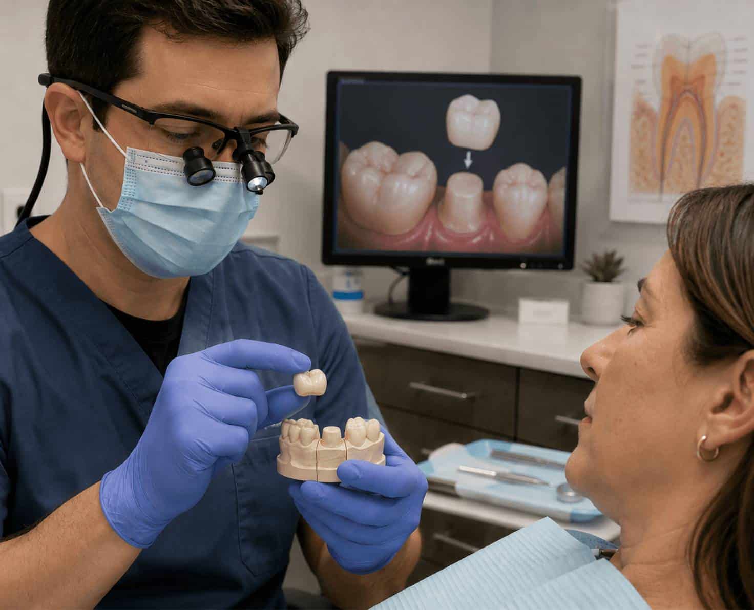A dentist preparing a dental crown for a patient in Leederville