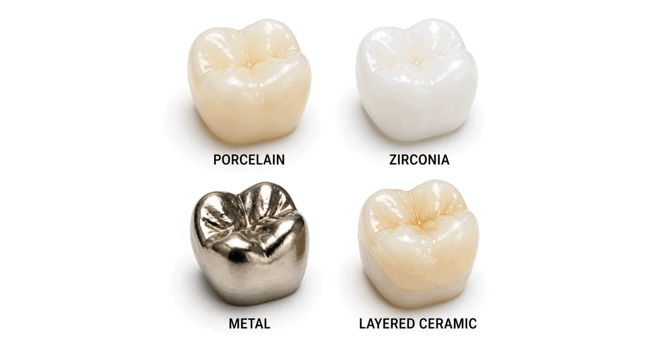Different types of dental crowns, including porcelain and zirconia